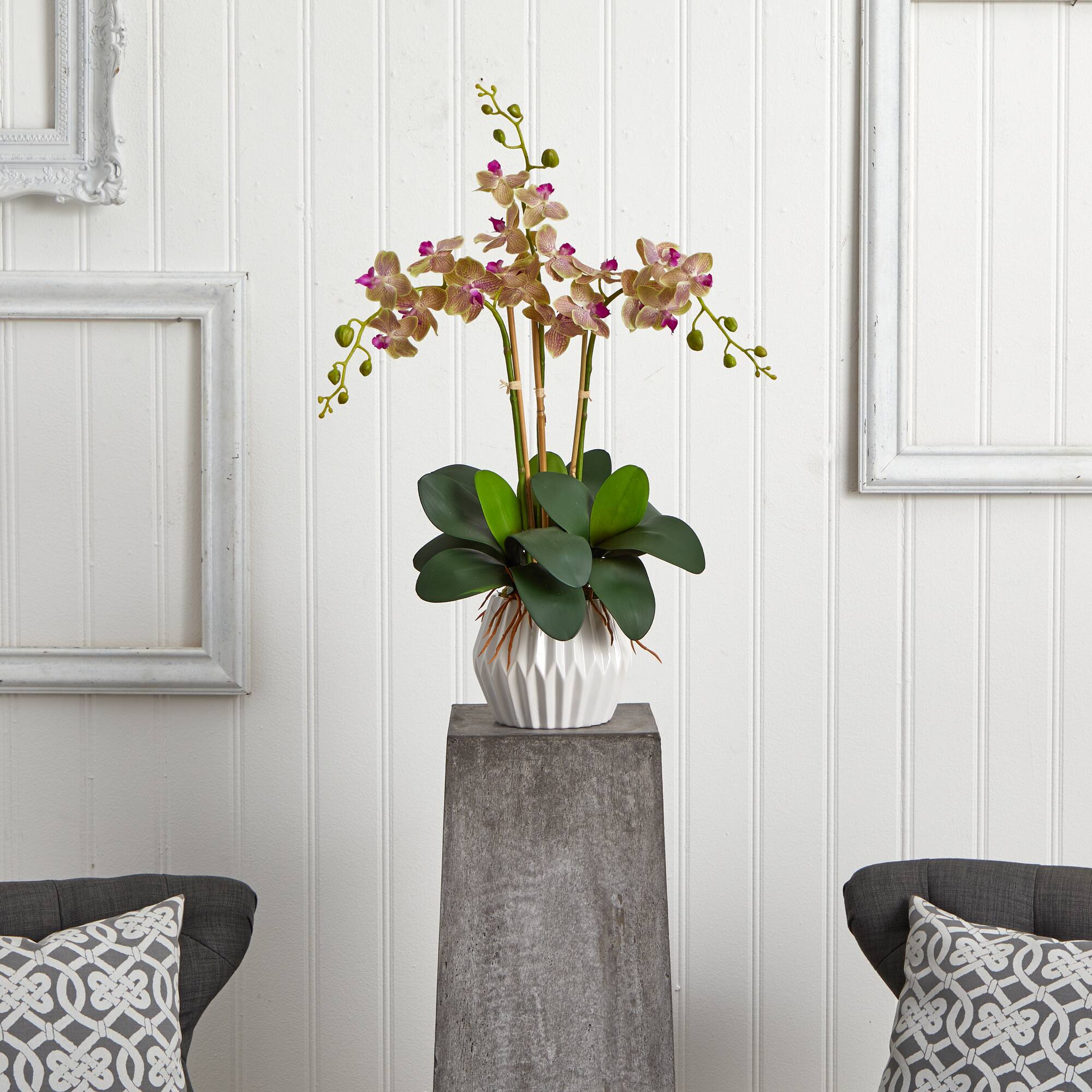 22" Cream & Purple Moth Orchid Silk Arrangement in White Vase